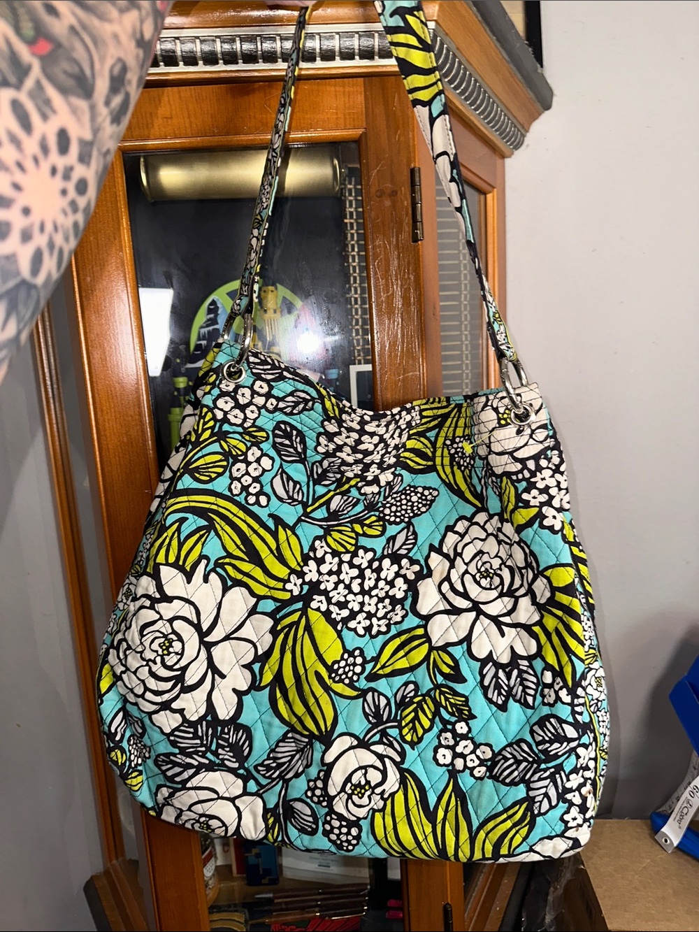 Vera Bradley Quilted Floral Shoulder Bag in Turquoise, Lime & White